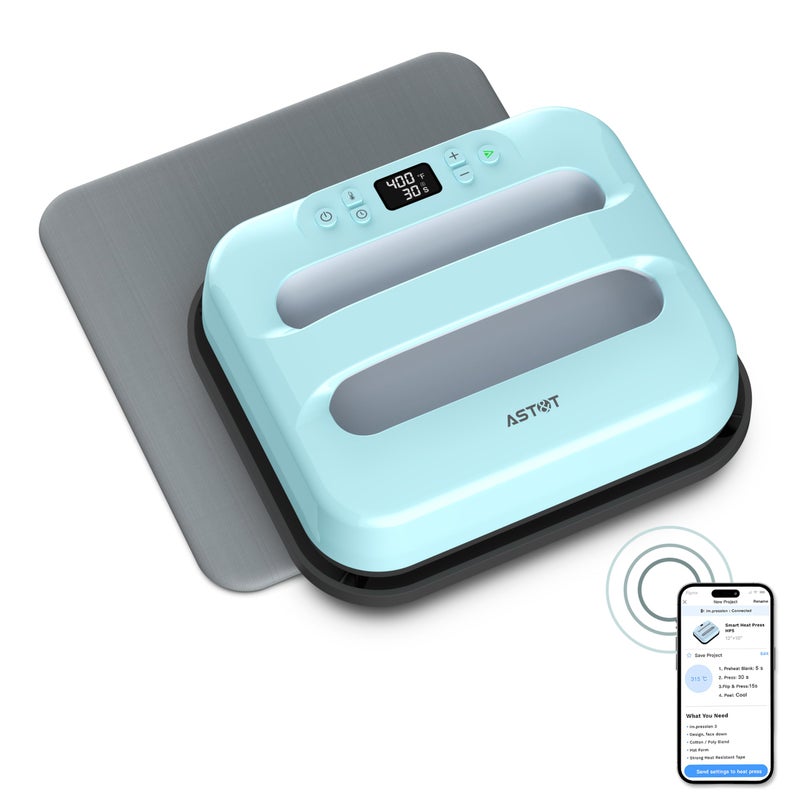 AST&T Heat Press Machine 12" x 10" Portable & Easy Heat Press for T-Shirts, Pillows, Tote Bags & More White (Heat Press+mat Blue) - Image 1