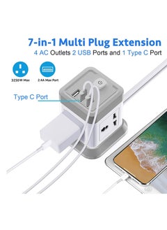 TYCOM Tycom Power Strip Surge Protector with USB + Type C, Extension Cord Flat Plug with Widely 4 AC Outlet and 2 USB 1 Type C, Small Desktop Station, Compact Socket for Multi Places - Grey and White.  - Image 3