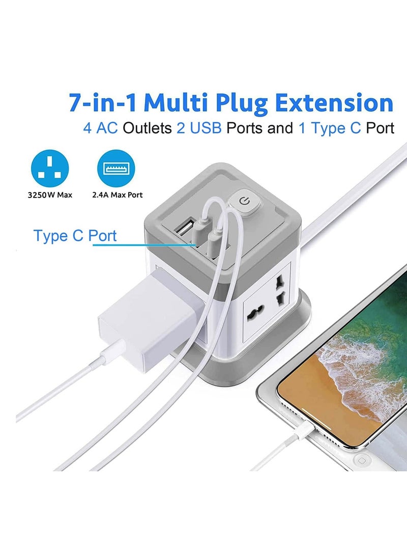 TYCOM - Tycom Power Strip Surge Protector with USB + Type C, Extension Cord Flat Plug with Widely 4 AC Outlet and 2 USB 1 Type C, Small Desktop Station, Compact Socket for Multi Places - Grey and White. - Image 1