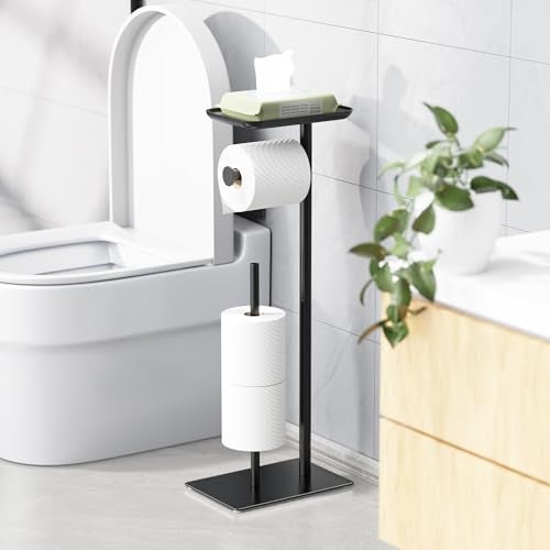 Josmimic Toilet Paper Holder Stand with Top Storage Shelf, Free Standing Toilet Roll Dispenser for Bathroom, Holds 4 Reserve Rolls - Image 1