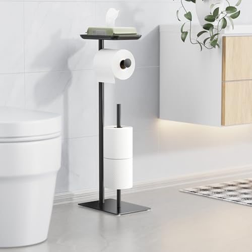 Josmimic Toilet Paper Holder Stand with Top Storage Shelf, Free Standing Toilet Roll Dispenser for Bathroom, Holds 4 Reserve Rolls - Image 2