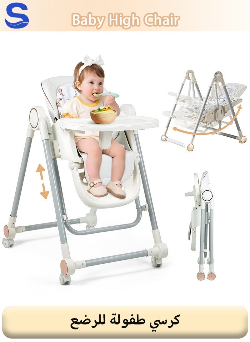 3 In 1 Baby Feeding High Chair with Wheels, Tray, Adjustable Height, Multi-Functional Rocker Recliner Feeding Chair for Newborn Infant to Toddler (0-4 Years), Learning Sitting Chair