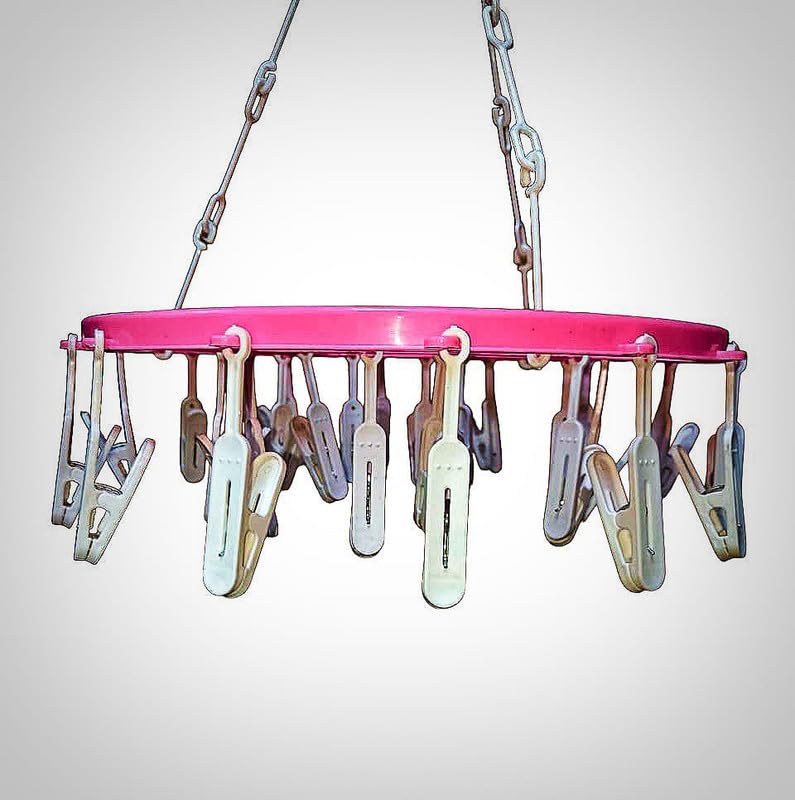 Radha Krishan Enterprises Plastic Heavy Quality Round Cloth Drying Stand Hanger with 26 ClipsPegs for Baby Clothes Dryer Stand Undergarments Dryer Stand Multicolor Set of 1 - Image 3