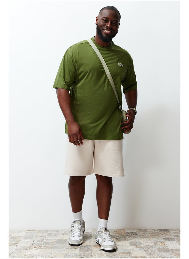 trendyol - Plus Size Khaki Oversize/Wide-Fit 100% Cotton Comfortable Minimal Printed T-Shirt TMNSS24BF00011 - Image 1