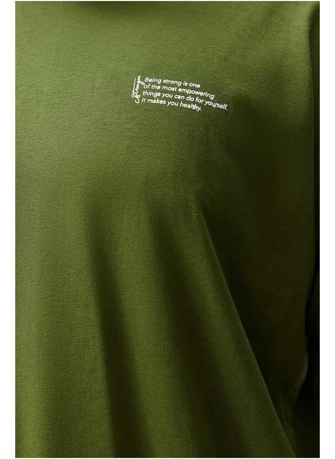 trendyol - Plus Size Khaki Oversize/Wide-Fit 100% Cotton Comfortable Minimal Printed T-Shirt TMNSS24BF00011 - Image 1