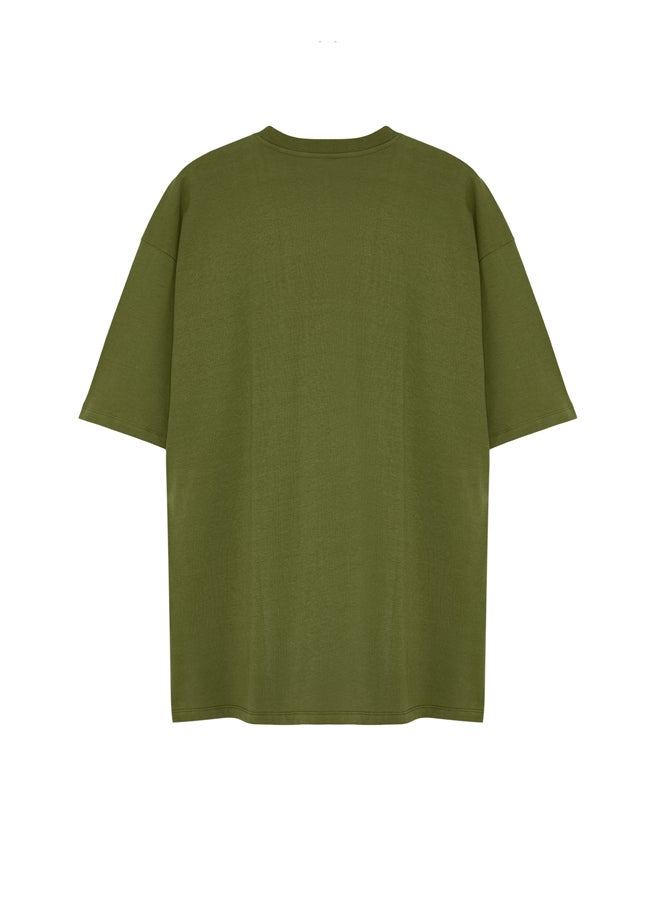 trendyol - Plus Size Khaki Oversize/Wide-Fit 100% Cotton Comfortable Minimal Printed T-Shirt TMNSS24BF00011 - Image 1