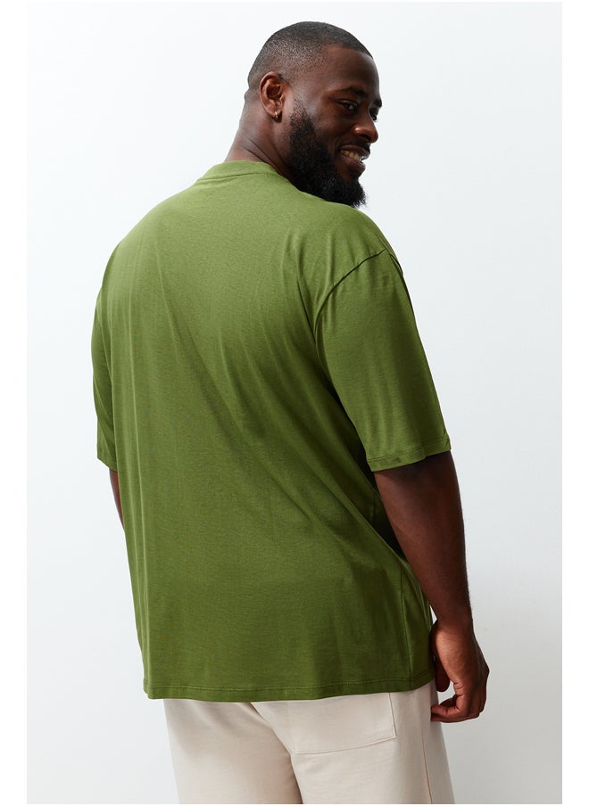 trendyol - Plus Size Khaki Oversize/Wide-Fit 100% Cotton Comfortable Minimal Printed T-Shirt TMNSS24BF00011 - Image 1