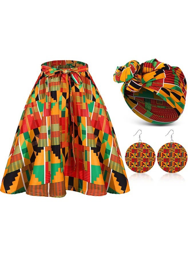 Coume 3 Pcs Women Ankara African Traditional Costume Set African Print Midi Casual Dashiki Skirt Bohemian African Print Headwraps Scarf Drop Dangle Earrings, S - Image 1