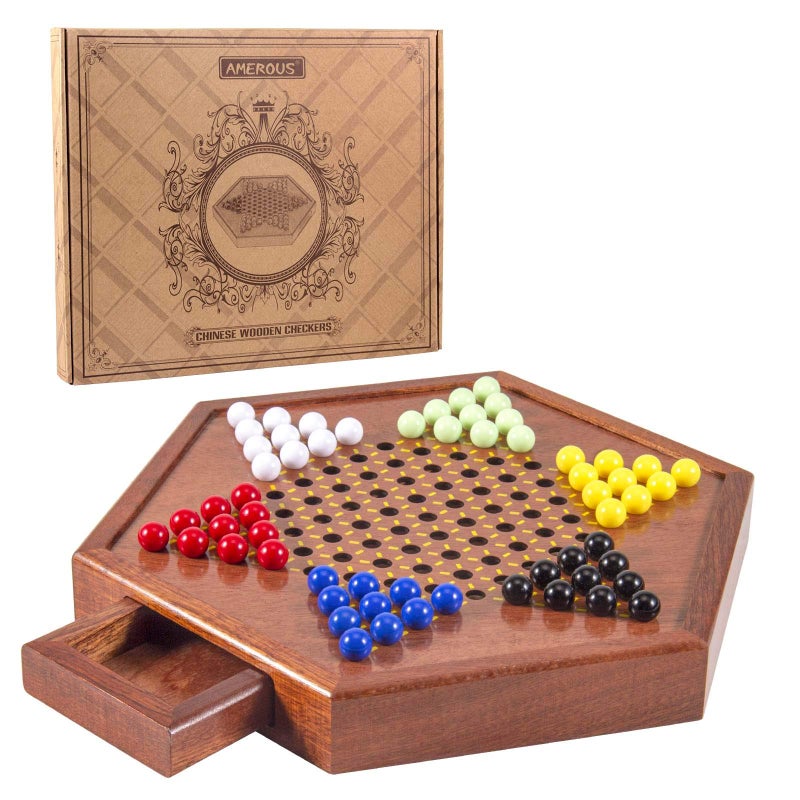 AMEROUS 125 inches Wooden Chinese Checkers Set with Storage Drawer  60 Acrylic Marbles in 6 Colors  12 Bonus Spare Marbles Classic Strategy Family Board Game for Kids and Adults - Image 2