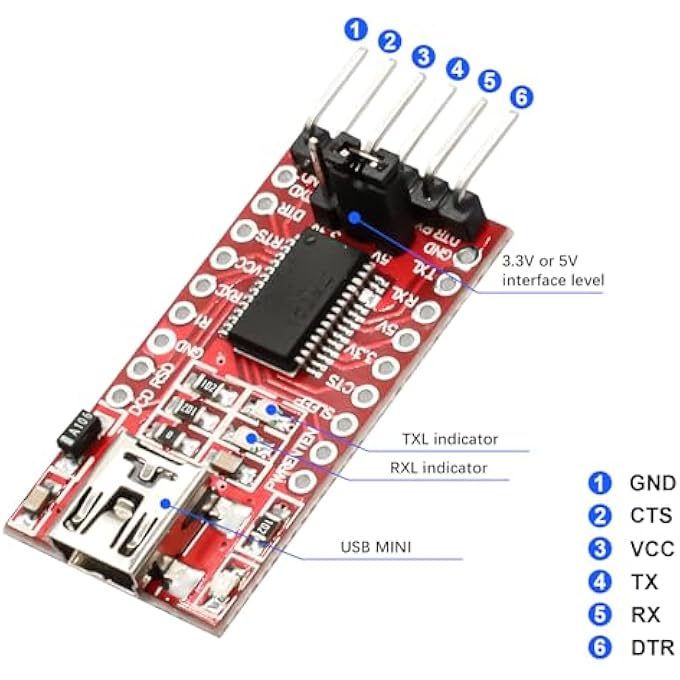 rayihni FTDI 232RL MINI USB TO TTL ADAPTER, 3.3 V 5 V FTDI 232RL ADAPTER USB TO TTL SERIAL MODULE COMPATIBLE WITH ARDUINO (2PCS) - Image 2