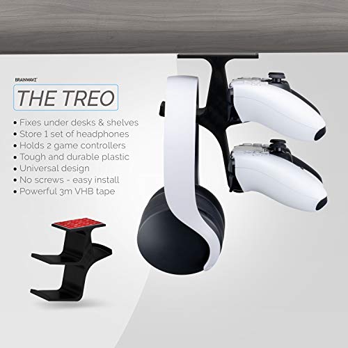 BRAINWAVZ The Treo - Under Desk/Shelf Dual Gamepad Controller & Headphone Hanger Holder Stand - Designed for Xbox ONE, PS4, PS3, PS5, Dualshock, DualSense, Switch, PC, Steelseries, Steam & More - Image 2