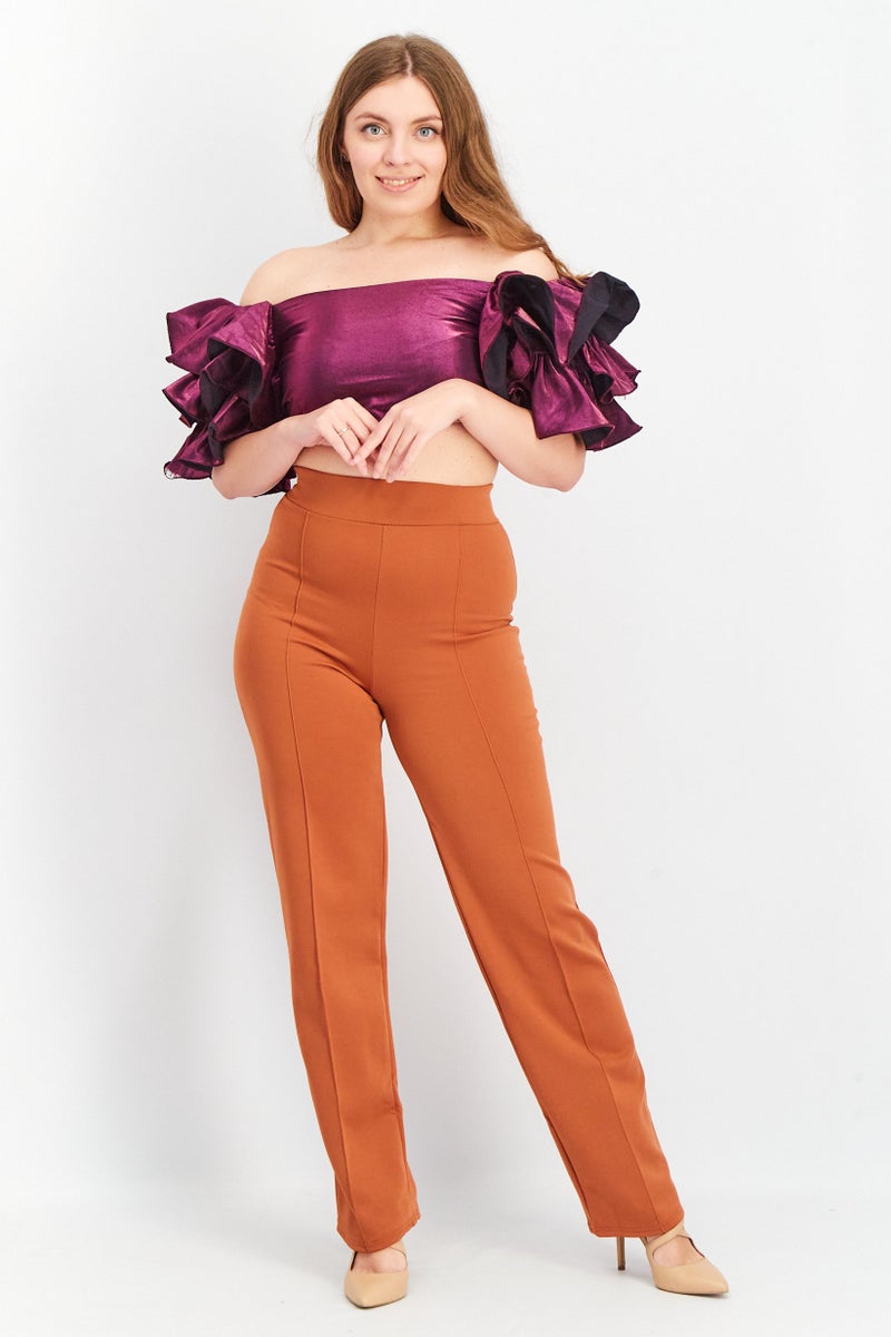 Yaura Women Off Shoulder Ruffle Sleeve Plain Cropped Top, Purple - Image 3