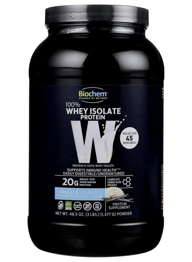 100% Whey Isolate Protein Powder, Vanilla Flavor, 20g Grass-Fed Protein, Keto Friendly, Gluten Free, Easily Digestible, Vegetarian, 48.5 oz, 45 Servings