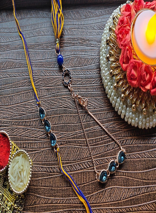 Mahi Lumba and Mens Rakhi for Brother and Bhabhi Monthana Blue Tilak Shaped Crystals - Bhaiya Bhabhi Rakhi Set (RCOL1105336M) - Image 3
