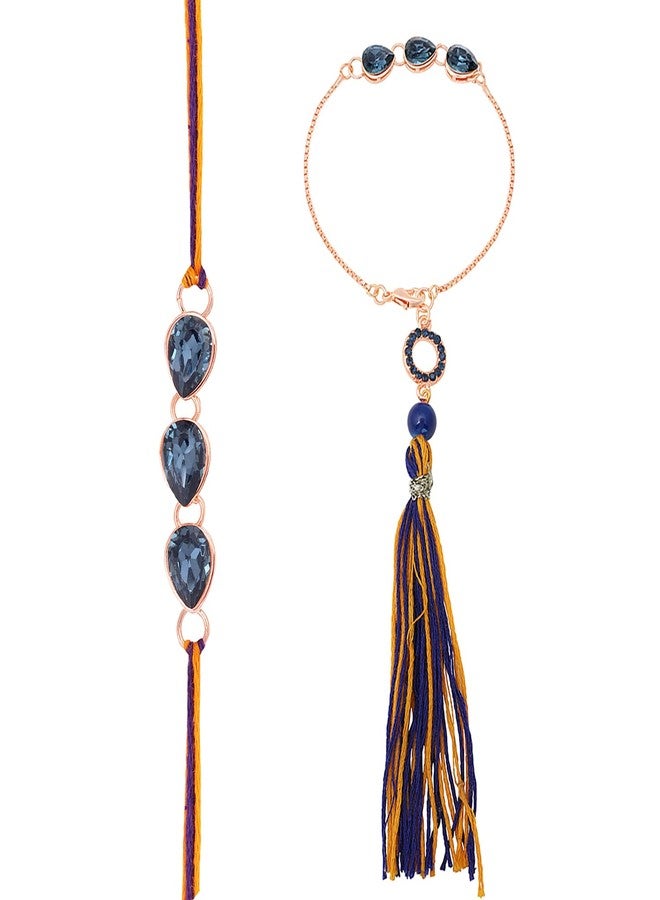Mahi Lumba and Mens Rakhi for Brother and Bhabhi Monthana Blue Tilak Shaped Crystals - Bhaiya Bhabhi Rakhi Set (RCOL1105336M) - Image 5