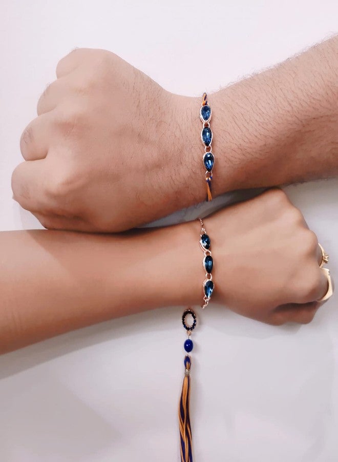 Mahi Lumba and Mens Rakhi for Brother and Bhabhi Monthana Blue Tilak Shaped Crystals - Bhaiya Bhabhi Rakhi Set (RCOL1105336M) - Image 2