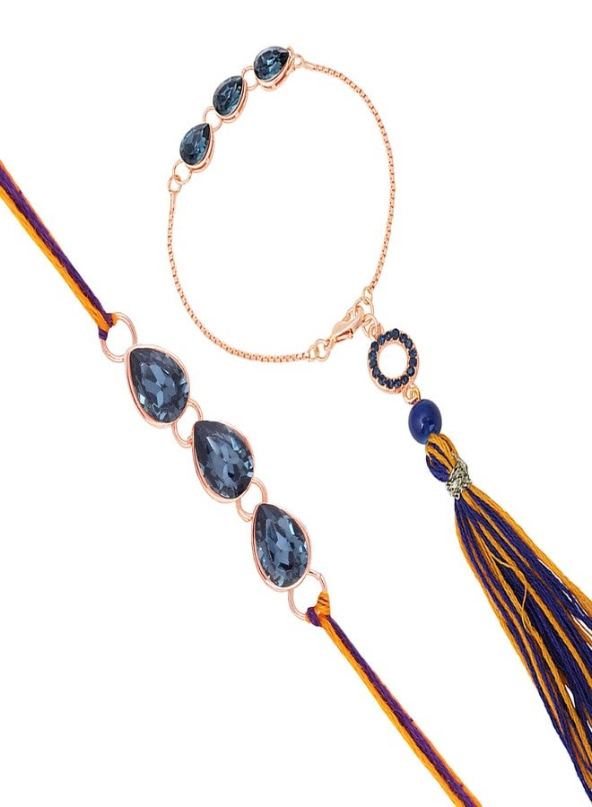 Mahi Lumba and Mens Rakhi for Brother and Bhabhi Monthana Blue Tilak Shaped Crystals - Bhaiya Bhabhi Rakhi Set (RCOL1105336M) - Image 1