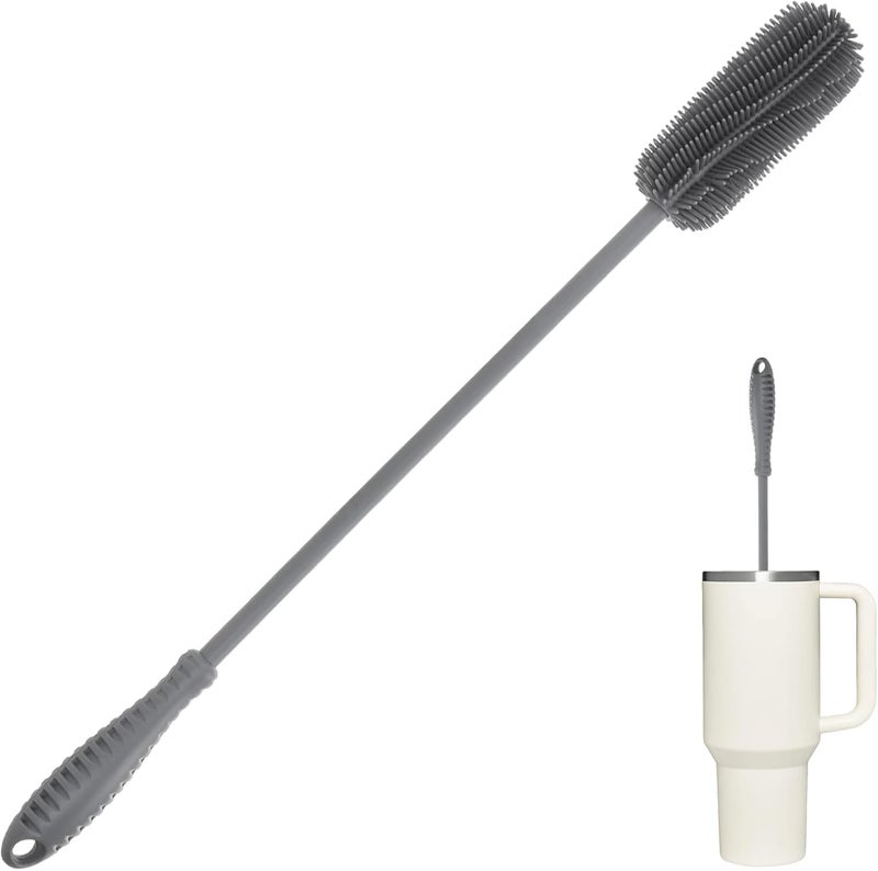 ddLUCK Silicone Bottle Cleaning Brush with Long Handle, Water Bottle Cleaner for Baby Bottles, Hydro Flask, Sports Bottle, Vase, Glassware, Perfect for Smaller Diameter Bottle Openings (Qty 1) (Long Grey) - Image 1