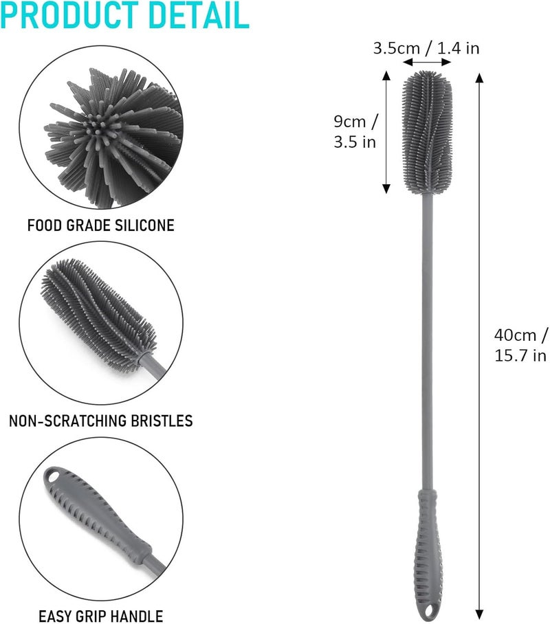 ddLUCK Silicone Bottle Cleaning Brush with Long Handle, Water Bottle Cleaner for Baby Bottles, Hydro Flask, Sports Bottle, Vase, Glassware, Perfect for Smaller Diameter Bottle Openings (Qty 1) (Long Grey) - Image 3