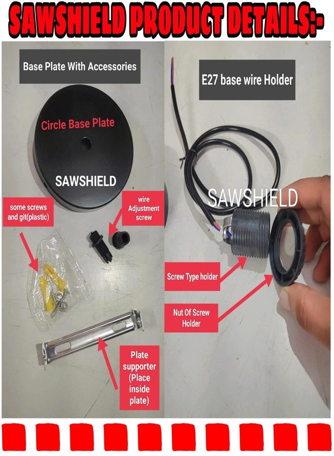 SAWSHIELD Decorative Filament Bulb Holder (Screw type) with Wire Hanging, E27 Fitting with metal base plate (80 cm, BLACK) (pack of 1) - Image 3