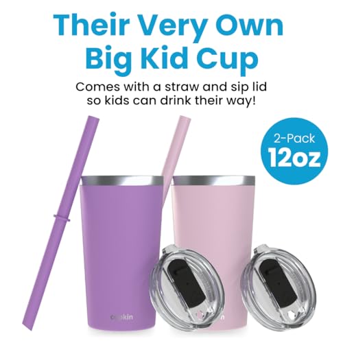 CUPKIN Toddler Tumblers, The Original 12 oz Stackable Stainless Steel Cups, Set of 2 Powder Coated Insulated Kids Water Bottle Alternative & BPA Free Lids + Reusable Silicone Straws (Pink + Purple) - Image 2