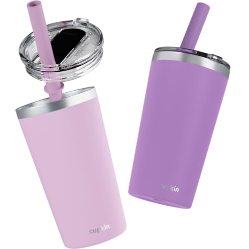 CUPKIN Toddler Tumblers, The Original 12 oz Stackable Stainless Steel Cups, Set of 2 Powder Coated Insulated Kids Water Bottle Alternative & BPA Free Lids + Reusable Silicone Straws (Pink + Purple) - Image 1
