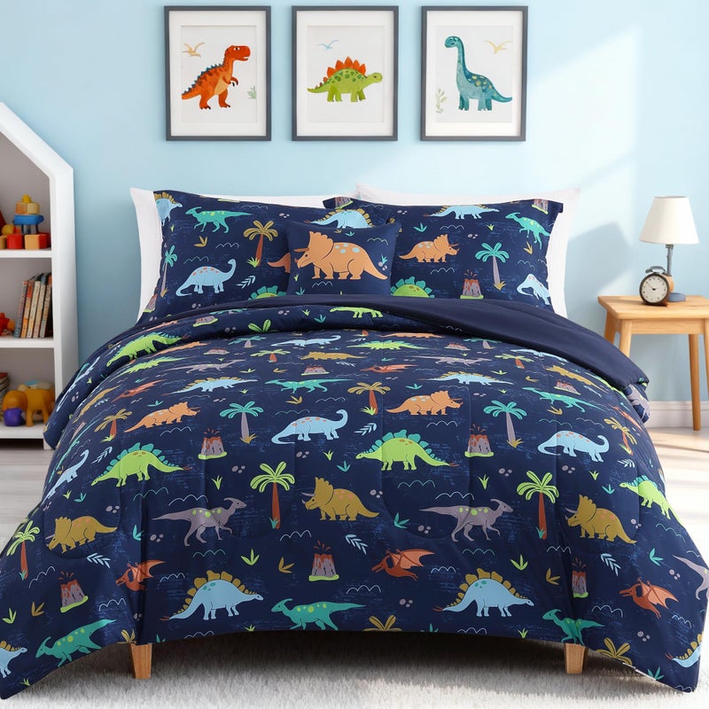 Kaleido Space Twin Comforter Set for Boys-3 Pieces Navy Dinosaur Twin XL Bedding Set with 1 Comforter, 1 Decor Pillow, 1 Pillow Sham - Image 1