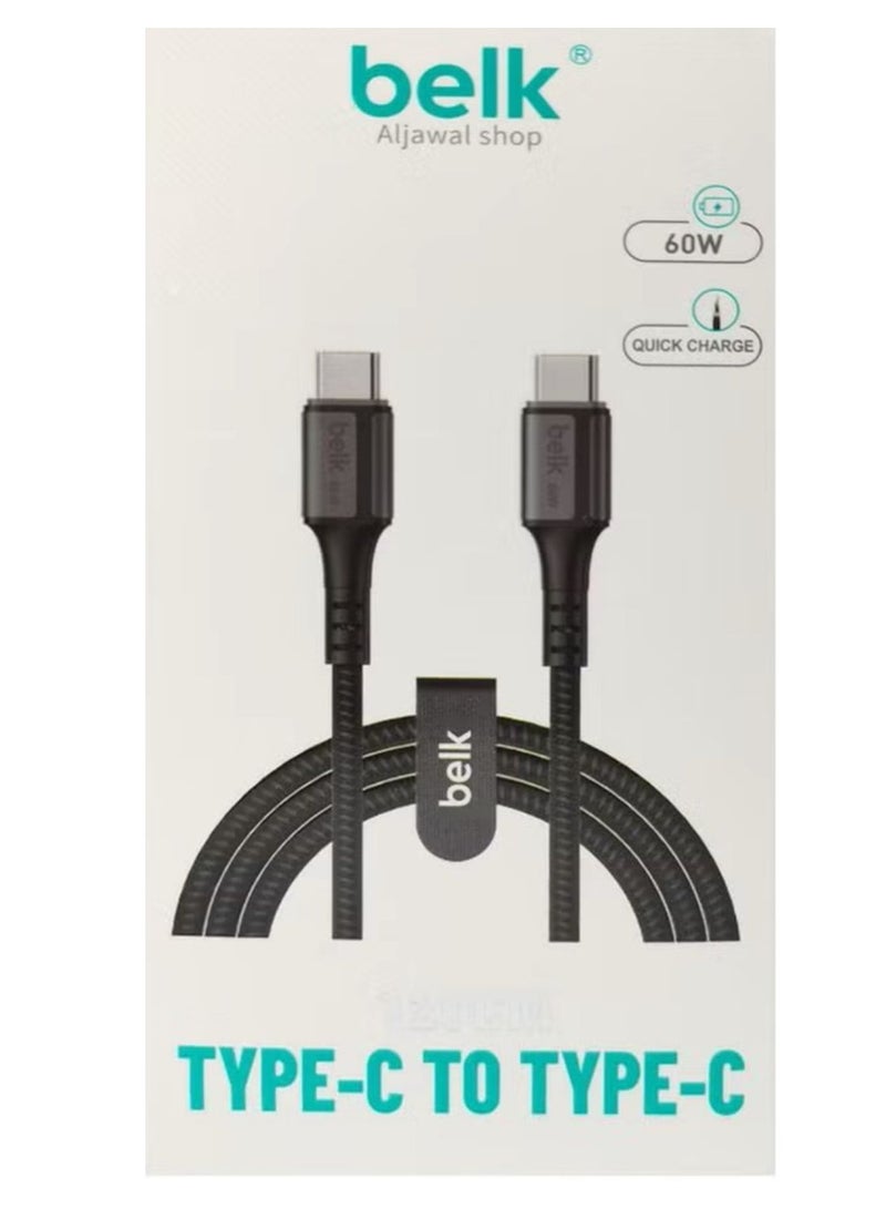 بيلك كابل شحن من القماش المجدول المقاوم للقطع سريع الشحن بطول 200CM تايب سي الي تايب سي بقوه 60W ونقل بينات بسرعه 480 ميجابت - Image 1