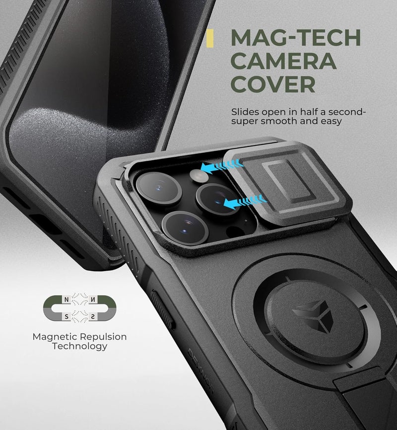 ديكسنور حافظة لجهاز iPhone 15 Pro Max مع غطاء كاميرا منزلق وحامل قابل للتعديل وواقي شاشة مدمج، حافظة صدمات مغناطيسية متينة ثقيلة الوزن، أسود - Image 4
