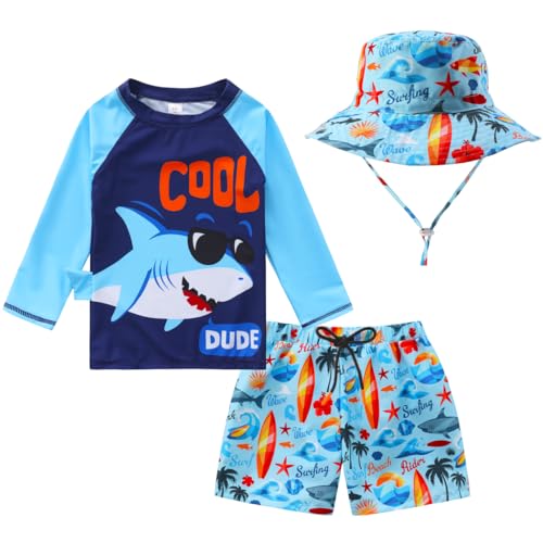 HDOBHIO Baby-Boys Toddler Long Sleeved Rashguard Swim Bathing Suit and Sun Hat Set Cool Shark 3-6 Months - Image 1