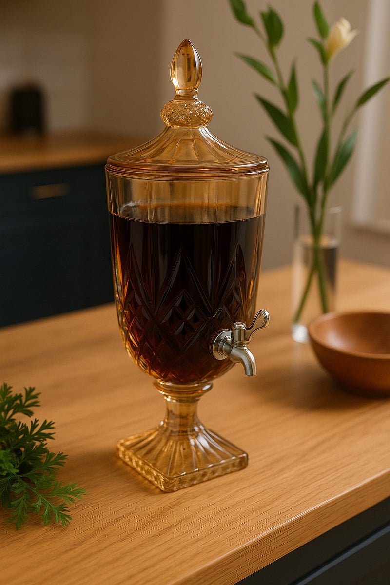 ليفينج موزع مشروبات زجاجي بغطاء وقاعدة  أواني زجاجية للمياه ، والعصير ، والشاي المثلج باللون العسلي الشفاف - Image 1