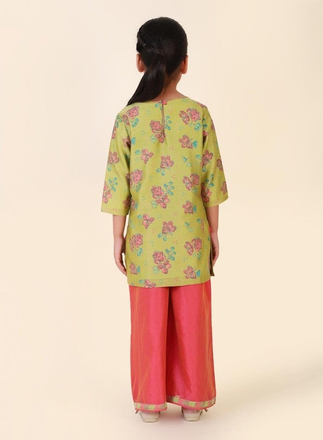 Fabindia Girl's Cotton Silk Printed Regular Kurta Set (1036697LIME_Lime - Image 2
