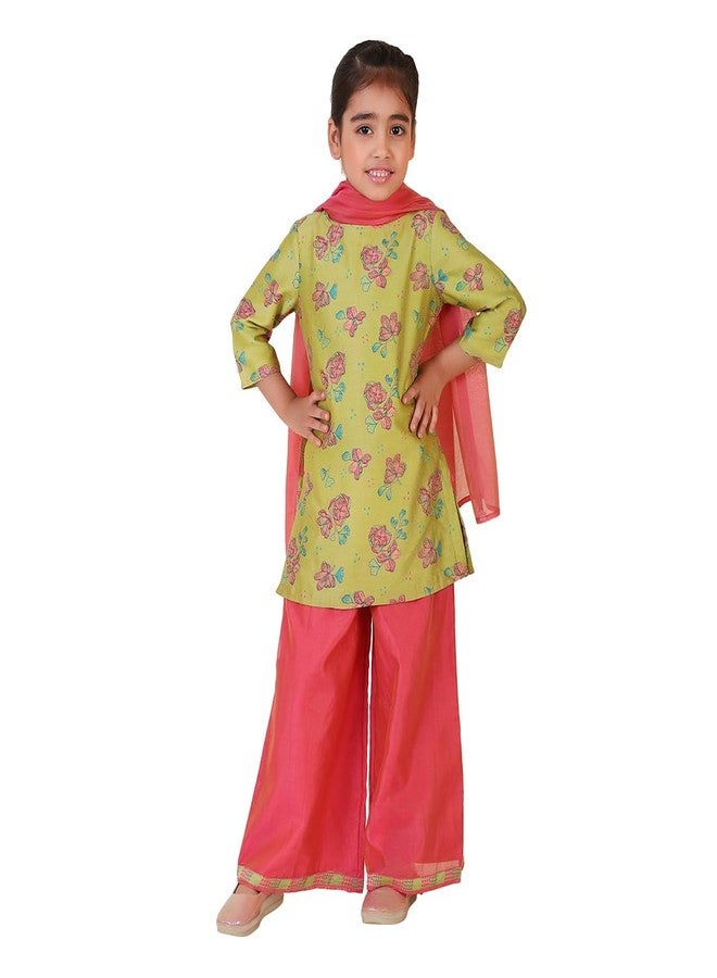 Fabindia Girl's Cotton Silk Printed Regular Kurta Set (1036697LIME_Lime - Image 1