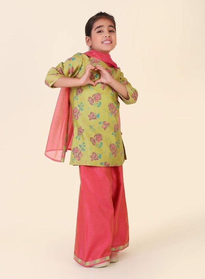 Fabindia Girl's Cotton Silk Printed Regular Kurta Set (1036697LIME_Lime - Image 3