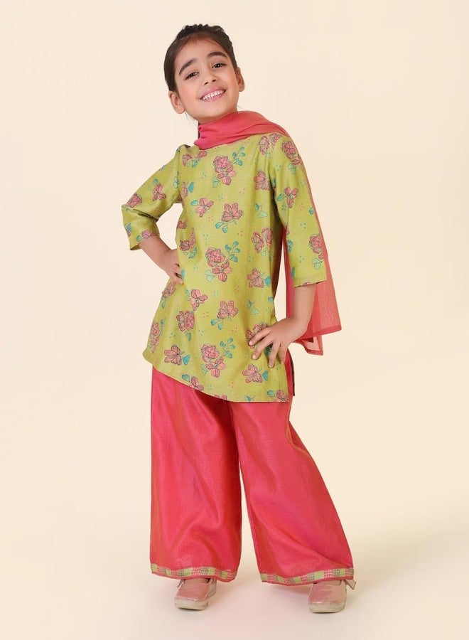 Fabindia Girl's Cotton Silk Printed Regular Kurta Set (1036697LIME_Lime - Image 4