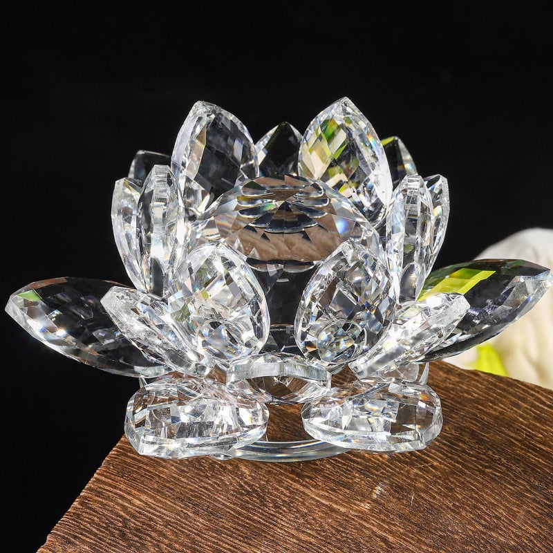 TENGFENG Sparkle Crystal Lotus Flower 4 Hue Reflection Clear Crystal Lotus for Feng Shui Home Decor Sun Catcher Ornaments or Paper Weight with Gift Box 100MM Transparent