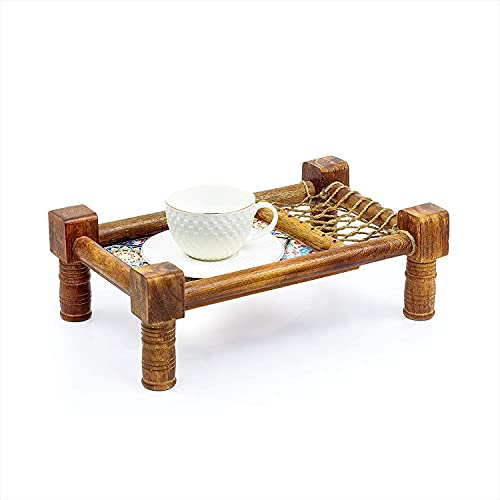 ROLIMOLI Handmade Wooden Mini Charpai Khat Shaped Pooja Article Decorative Serving Platter Home Decor Gift Item Brown Tableware Dinnerware (Brown) - Image 4