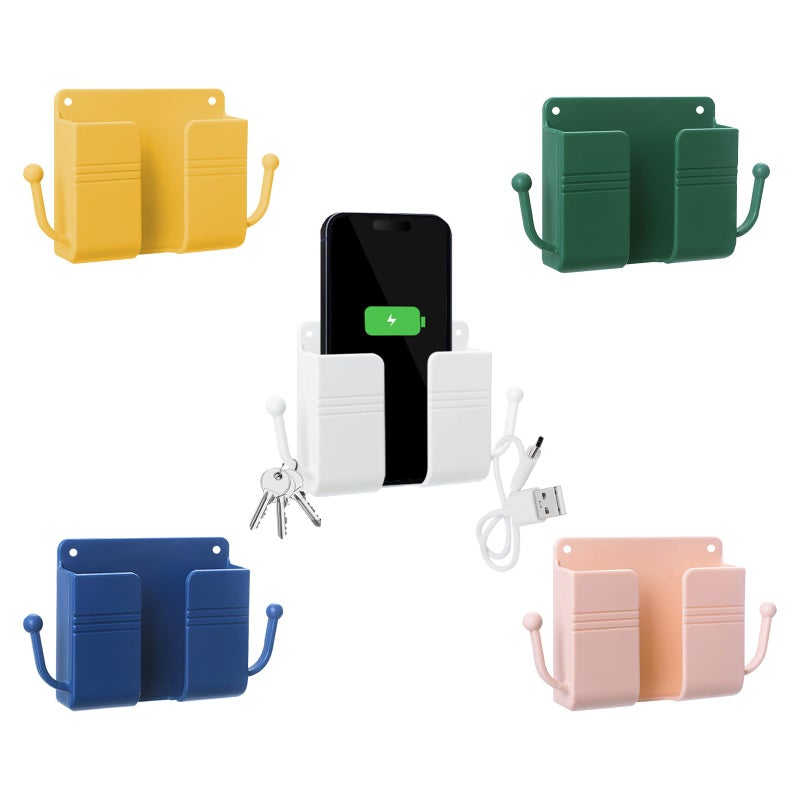 CRITIVE-SHOP 5 Pcs Wall Mount Phone Stand For Bed, Shower, Remote Control With Hooks, Self-Adhesive Universal Media Organizer Storage Box (Mixed Colors) - Image 1