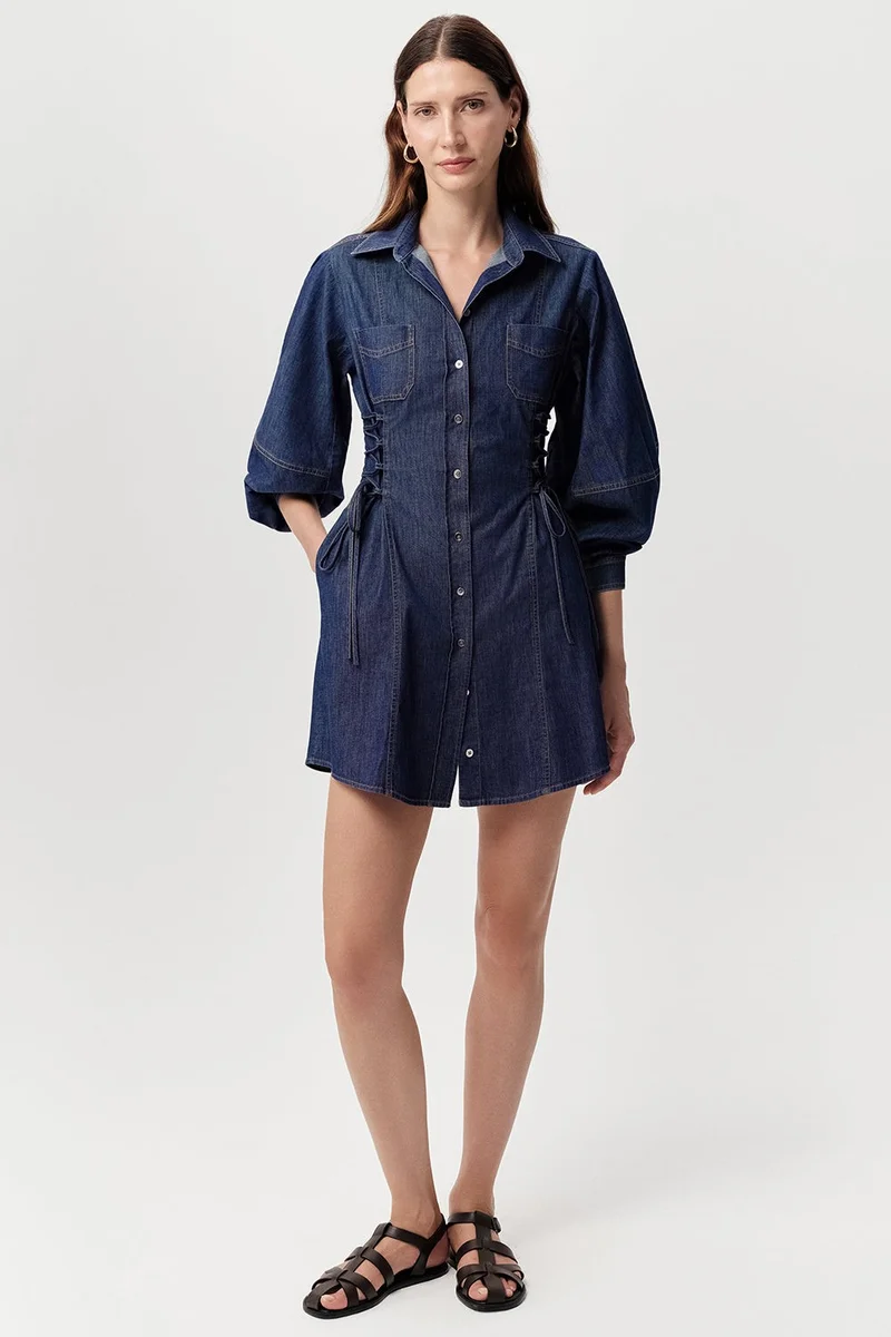 EXQUISE Shirt Collar Long Sleeved Pocketed Regular Mini Blue Dress
