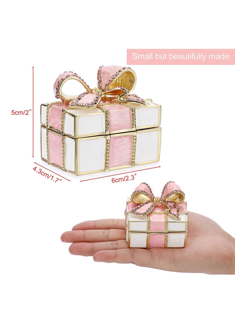 SYOSI Mini Trinket Box, Bow-knot Gift Box Style Hinged Jewelry Box, Vintage Metal Enameled Decorative Box, Wedding Ring Box Earrings Organizer Necklace Holder for Women Girls, Pink - Image 2