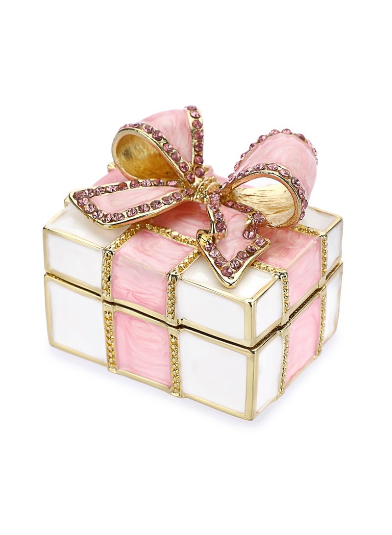 SYOSI Mini Trinket Box, Bow-knot Gift Box Style Hinged Jewelry Box, Vintage Metal Enameled Decorative Box, Wedding Ring Box Earrings Organizer Necklace Holder for Women Girls, Pink - Image 1