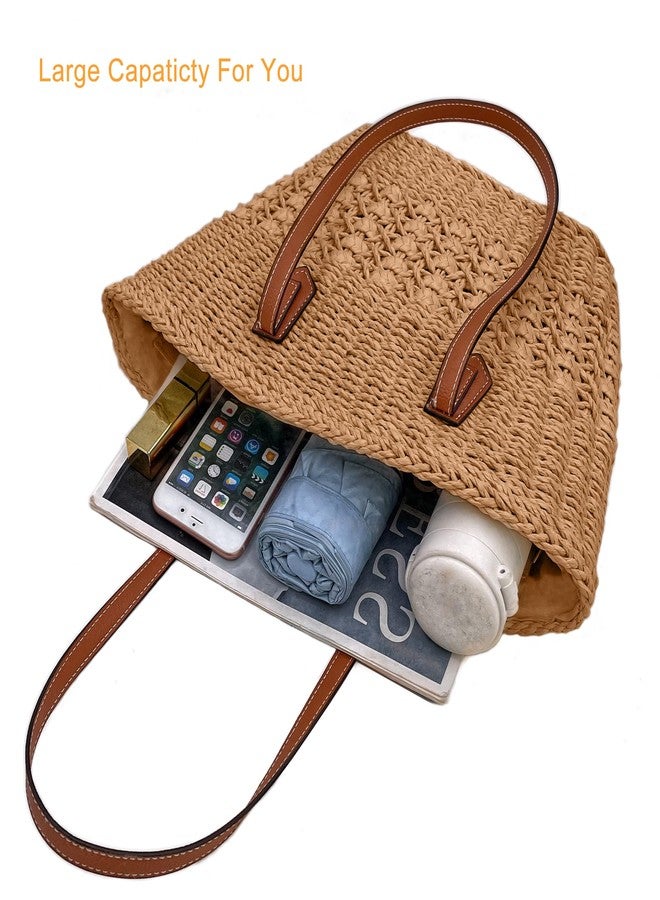 YUHAN PRETTY Straw Shoulder Bag for Women Woven Tote Handbags Straw beach bag for Summer Vacation Travel(Khaki) - Image 5