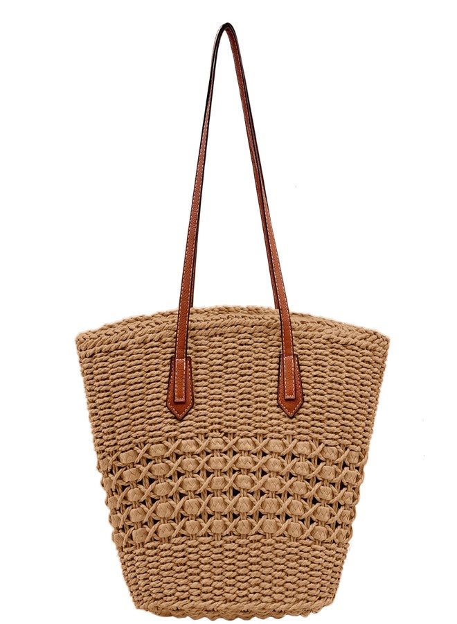YUHAN PRETTY Straw Shoulder Bag for Women Woven Tote Handbags Straw beach bag for Summer Vacation Travel(Khaki) - Image 1