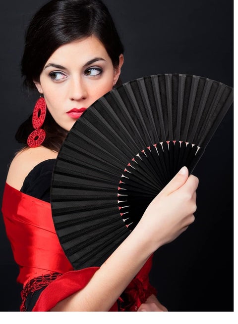 FANS Black Silk Fabric Folding Hand Held Fan with a Pouch Bamboo Ribs Chinese Vintage Handheld Girls Women Wedding Party Favour Gift (Simple Black)