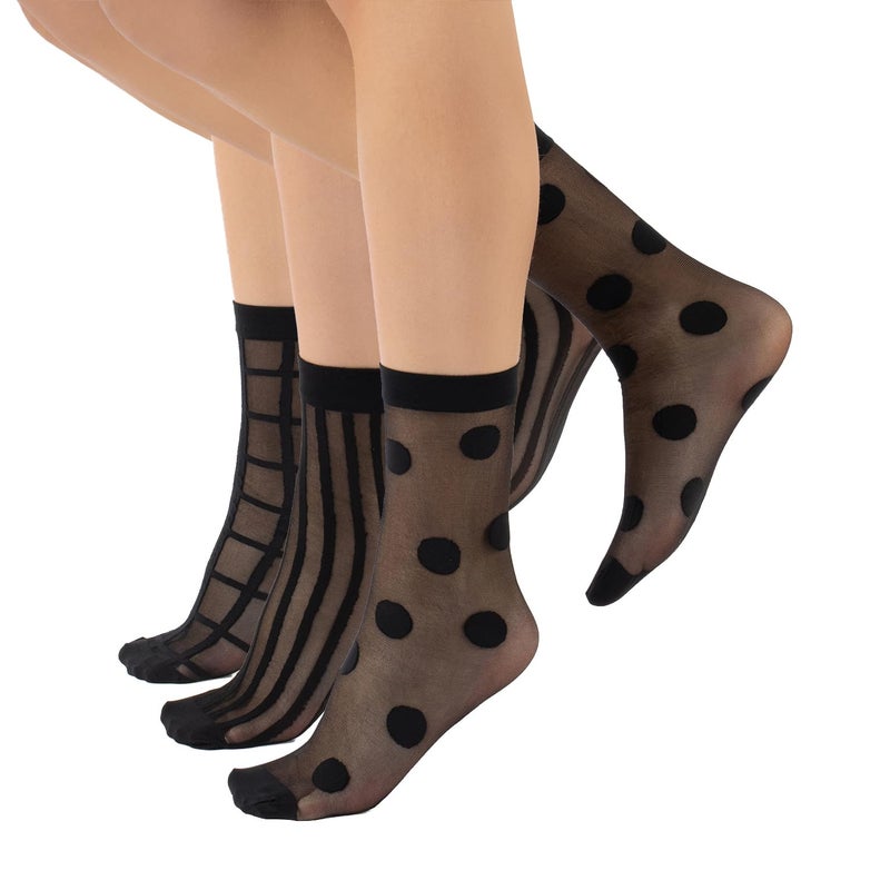 CALZITALY 3 Pairs Women Pop Socks, Sheer Everyday Ankle Socks in 3 Different Designs: Dots, Stripes and Geometric (One Size, Black) - Image 1