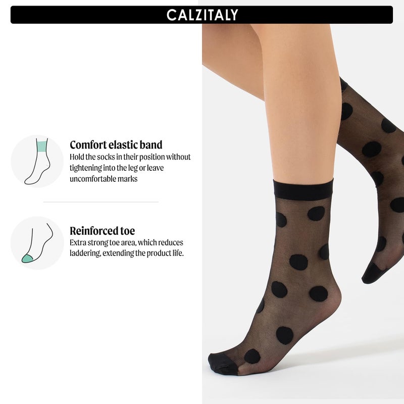 CALZITALY 3 Pairs Women Pop Socks, Sheer Everyday Ankle Socks in 3 Different Designs: Dots, Stripes and Geometric (One Size, Black) - Image 2