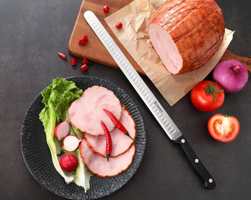 Humbee 12 Inch Carving Knife with Razor Sharp Granton Edge for Brisket BBQ Meat and Turkey Cutting â€“ Stainless Steel Blade with Ergonomic POM Handle â€“ Long Slicing Knife for Kitchen and Grill - Image 5