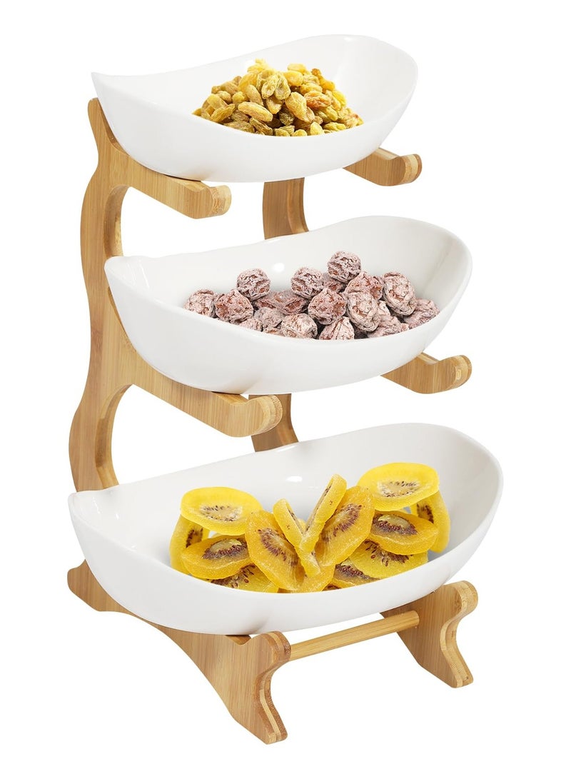 Bukela 3 Tier Fruit Bowl for Kitchen Counter Ceramic Fruit Plate with Bamboo Wooden Frame 3-Tier White Fruit Rack Tiered Fruit Basket for Fruit, Snack, Nuts, Cake, Dessert (White) - Image 1