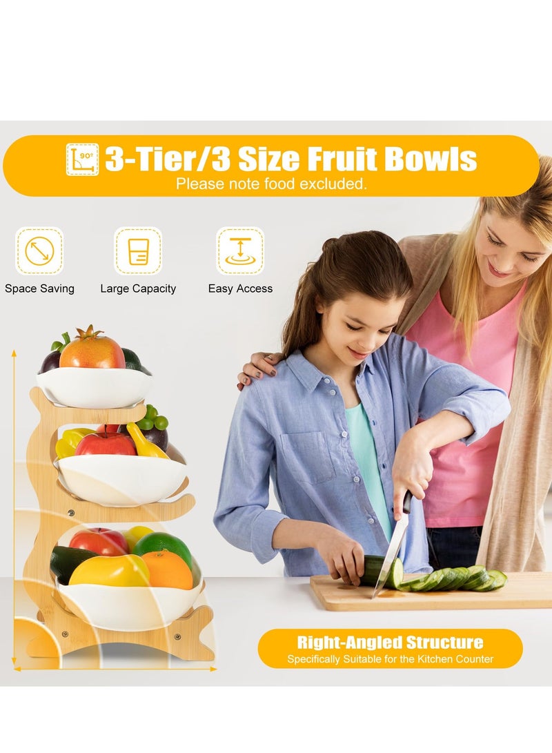 Bukela 3 Tier Fruit Bowl for Kitchen Counter Ceramic Fruit Plate with Bamboo Wooden Frame 3-Tier White Fruit Rack Tiered Fruit Basket for Fruit, Snack, Nuts, Cake, Dessert (White) - Image 3