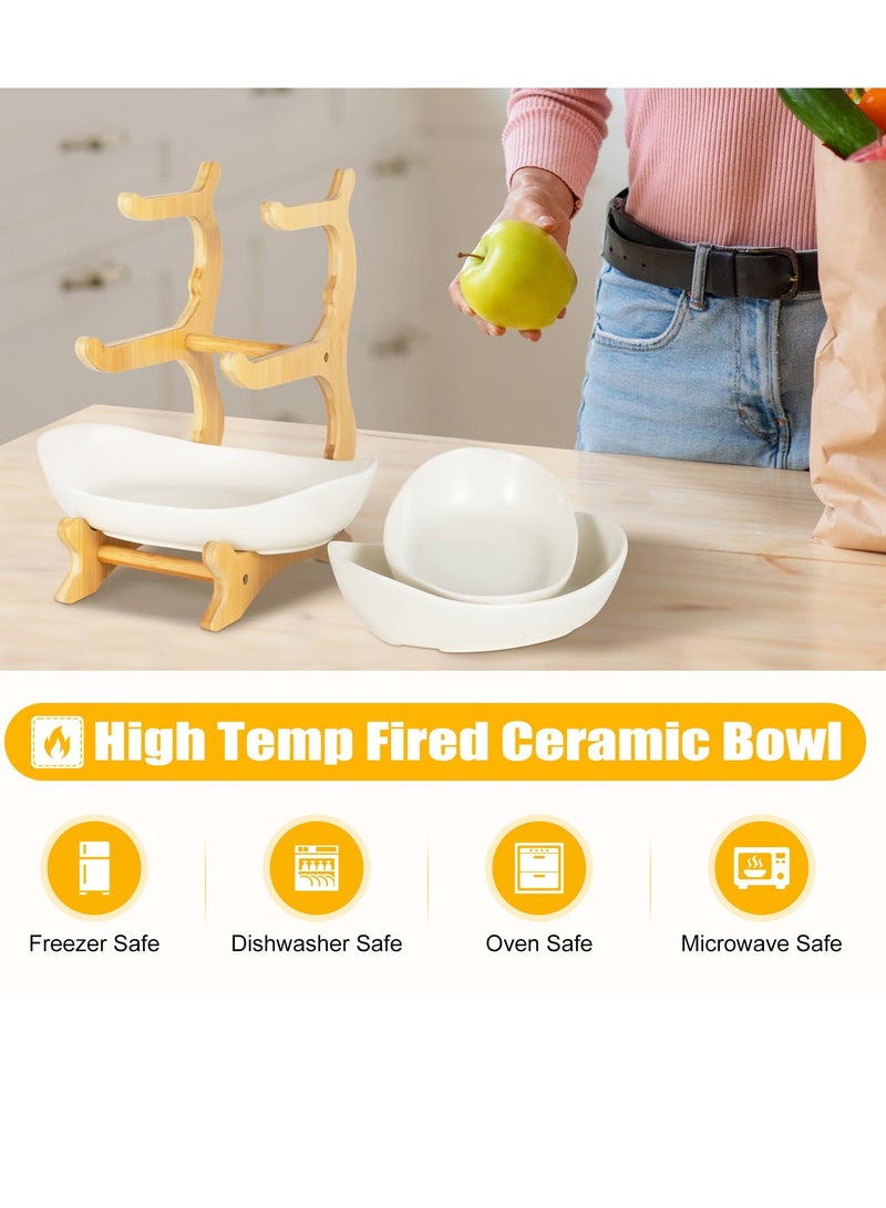 Bukela 3 Tier Fruit Bowl for Kitchen Counter Ceramic Fruit Plate with Bamboo Wooden Frame 3-Tier White Fruit Rack Tiered Fruit Basket for Fruit, Snack, Nuts, Cake, Dessert (White) - Image 4